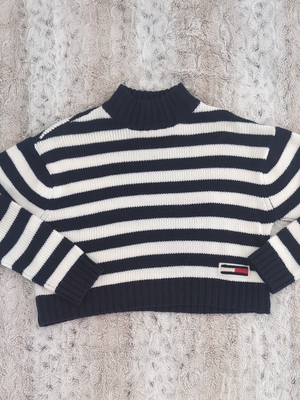 Tommy Jeans Nautical Preppy Cropped Mock Neck Striped Knit Sweater